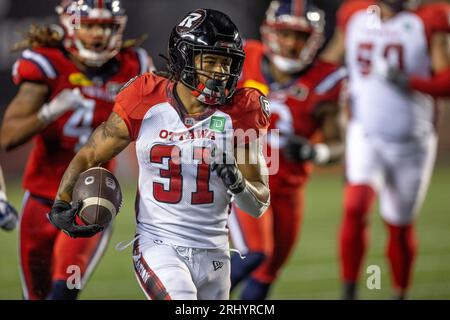 Ottawa, Kanada. August 2023. Devonte Williams (31) von den Ottawa Redblacks spielt in der Regular Season Canadian Football League (CFL) zwischen den Montreal Alouettes bei den Ottawa Redblacks. Die Montreal Alouettes gewannen das Spiel mit 25:24. 2023 Copyright Sean Burges / Mundo Sport Images / Alamy Live News Stockfoto