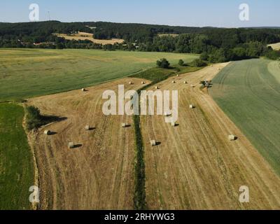 Luftaufnahme von Heuballen auf dem Feld an einem sonnigen Frühlingstag Stockfoto