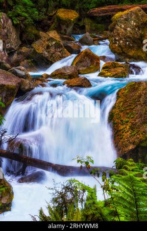 Felsbrocken in den Bergen von South Island, Neuseeland - Lake Marian Track Stream. Stockfoto