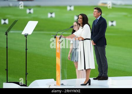 Budapest. August 2023. Der ungarische Präsident Katalin Novak spricht während der Eröffnungszeremonie der Leichtathletik-Weltmeisterschaft Budapest 2023 in Budapest, Ungarn am 19. August 2023. Quelle: Attila Volgyi/Xinhua/Alamy Live News Stockfoto