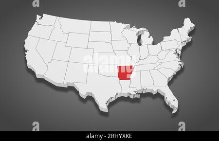 Der Bundesstaat Arkansas wird auf der 3D-Karte der Vereinigten Staaten von Amerika hervorgehoben. 3D-Illustration Stockfoto