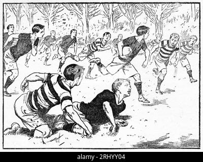 Illustration aus einem Boys-eigenen Magazin über Jungen, die an der alten Schule Rugby spielen, um 1910 Stockfoto