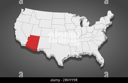 Arizona State wird auf der 3D-Karte der Vereinigten Staaten von Amerika hervorgehoben. 3D-Illustration Stockfoto