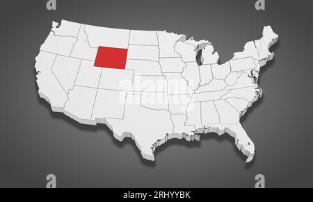 Wyoming State wird auf der 3D-Karte der Vereinigten Staaten von Amerika hervorgehoben. 3D-Illustration Stockfoto