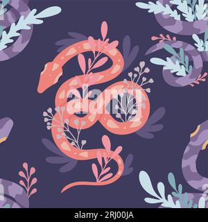 Nahtloses Vektor-Muster mit einer rosa Tracery-Schlange mit Kräutern und Stämmen mit Laub auf einem violetten Hintergrund. Oberflächendesign mit Schlangen und Dekor Stock Vektor