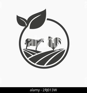 Design-Konzept für Landwirtschafts-Logos mit Kuh- und Hahnsymbol. Symbolvorlage Für Landwirtschafts-Logotyp Stock Vektor