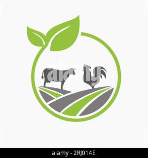 Design-Konzept für Landwirtschafts-Logos mit Kuh- und Hahnsymbol. Symbolvorlage Für Landwirtschafts-Logotyp Stock Vektor