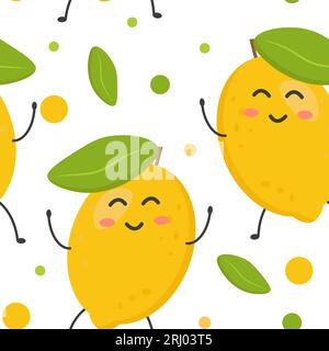Nahtloses Muster aus niedlichen bunten gelben Zitronen. Obst aus nächster Nähe. Banner, Flyer, Tapete, Stoffdesign. Vektor-Illustration. Stock Vektor