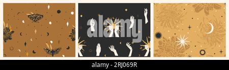 Hand gezeichnet Vektor abstrakt flach Stock Grafik Illustration nahtlose Mustersammlung mit Magie Astrologie himmlischen goldenen Mondphasen, Blumen gesetzt Stock Vektor