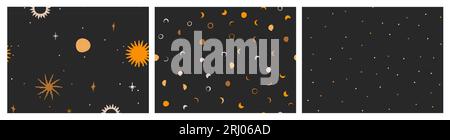 Von Hand gezeichneter Vektor abstrakte Grafik Illustration nahtlose Musterkollektion mit magischer Astrologie himmlische goldene Mondphasen, Sonne und Stern Stock Vektor