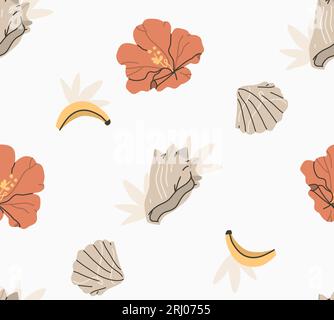 Hand gezeichneter Vektor abstrakter Stock Grafik Sommer Cartoon, minimalistische zeitgenössische Stil Illustrationen nahtloses Muster mit tropischen Blumen, Palme Stock Vektor