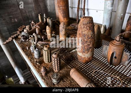 Neuglienicke, Deutschland. August 2023. Munition aus russischer Produktion ist auf dem ehemaligen militärischen Trainingsgelände in Kyritz-Ruppiner Heide zu sehen. Die Munitionsrettungsoperation hier räumt vor allem die verbotene Streumunition auf dem Ex-Bombodrom ab. Quelle: Jens Kalaene/dpa/Alamy Live News Stockfoto