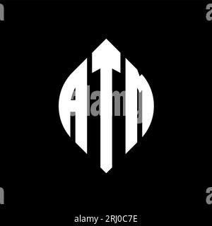 ATM-Logo mit kreisförmigem Buchstaben, Kreis- und Ellipsenform. ATM-Ellipsenbuchstaben im typografischen Stil. Die drei Initialen bilden ein kreisförmiges Logo. ATM-CI Stock Vektor