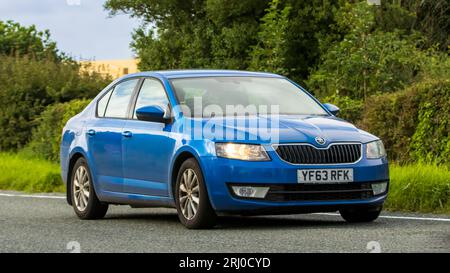 Woburn, Betten, Großbritannien - 19. August 2023: Blaues 2013 Diesel Skoda Octavia Auto, das auf einer englischen Landstraße fährt. Stockfoto