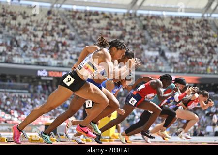 Budapest, Ungarn. August 2023. Das belgische Delphine Nkansa wurde während der 100-m-Frauenheats bei den Leichtathletik-Weltmeisterschaften in Budapest, Ungarn, am Sonntag, den 20. August 2023, abgebildet. Die Weltspiele finden vom 19. Bis 27. August 2023 statt. BELGA PHOTO ERIC LALMAND Credit: Belga News Agency/Alamy Live News Stockfoto