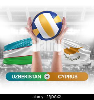 Usbekistan gegen Zypern Nationalmannschaften Volleyballspiel Konzept. Stockfoto