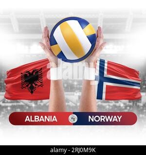 Albanien gegen Norwegen Nationalmannschaften Volleyball Volleyballspiel Wettbewerbskonzept. Stockfoto