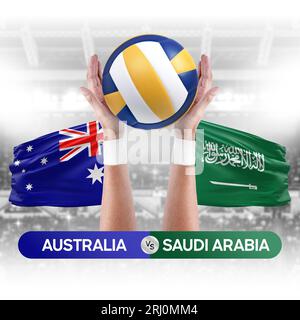 Australien gegen Saudi-Arabien Nationalmannschaften Volleyball-Volleyball-Spiel-Wettkampf Konzept. Stockfoto