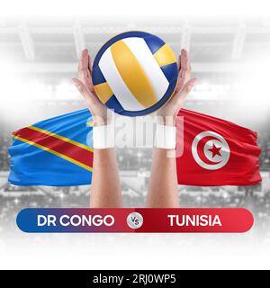 Dr Congo vs Tunesien Nationalmannschaften Volleyballspiel Wettbewerbskonzept. Stockfoto