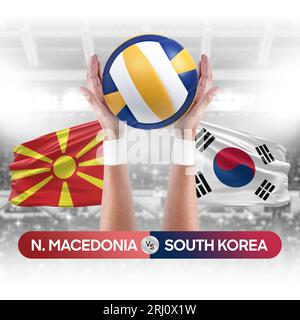 Nordmazedonien gegen Südkorea Nationalmannschaften Volleyball-Volleyball-Match-Konzept. Stockfoto