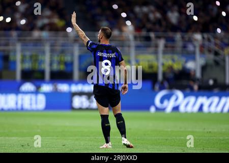 Milano, Italien. August 2023. Marko Arnautovic vom FC Internazionale Gesten während des Serie-A-Spiels zwischen FC Internazionale und AC Monza im Stadio Giuseppe Meazza. Dank: Marco Canoniero/Alamy Live News Stockfoto