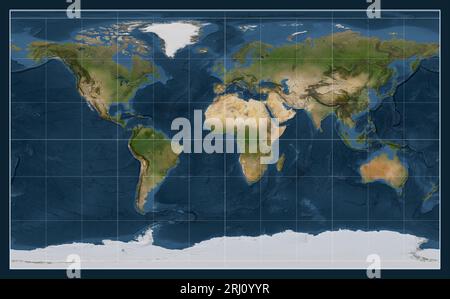Satellitenkarte der Welt in der Compact Miller-Projektion, zentriert auf dem Meridian 0 Längengrad Stockfoto