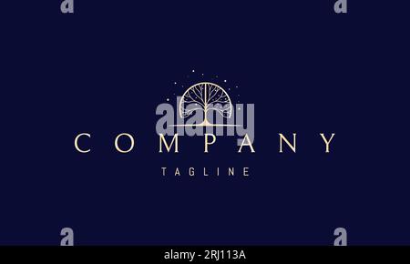 Vektor-goldenes Logo-Design, auf dem ein abstraktes Bild eines Baumes in Form eines Halbkreises dargestellt wird. Stock Vektor