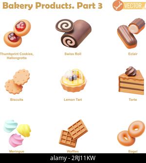Symbol-Set für Vector Bäckerei- und Konditoreiprodukte. Thumbprint Cookies, Schweizer Rolle, Eclair, Kekse oder Cracker, Zitronentorte, Torte, Meringue, Waffeln, Bagel Stock Vektor