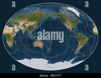 Tektonische Plattengrenzen auf einer Satellitenkarte der Welt in der Fahey-Projektion, zentriert auf dem Meridian 180 Längengrad Stockfoto