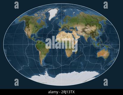 Tektonische Plattengrenzen auf einer Satellitenkarte der Welt in der Fahey-Projektion, zentriert auf dem Meridian 0 Längengrad Stockfoto