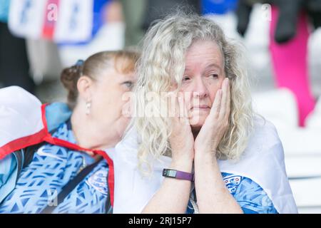 Birmingham, Großbritannien. August 2023. Enttäuschung angesichts eines England-Fans bei der letzten Pfiff, als das Spiel auf der Großleinwand des Birmingham City FC St Andrews Ground gezeigt wird. Quelle: Peter Lopeman/Alamy Live News Stockfoto