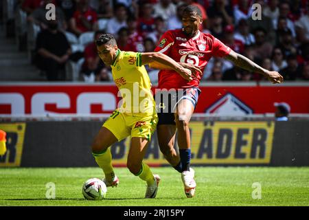 Mostafa MOHAMED von Nantes und Alexsandro VICTOR DE SOUZA RIBEIRO von Lille während des Ligue-1-Fußballspiels der französischen Meisterschaft zwischen LOSC Lille und dem FC Nantes am 20. August 2023 im Pierre Mauroy Stadion in Villeneuve-d’Ascq bei Lille, Frankreich Stockfoto