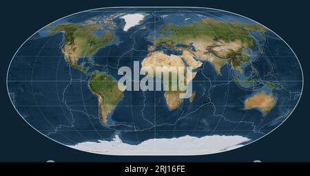 Tektonische Plattengrenzen auf einer Satellitenkarte der Welt in der Loximuthal-Projektion, zentriert auf dem Meridian 0 Längengrad Stockfoto