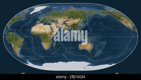 Tektonische Plattengrenzen auf einer Satellitenkarte der Welt in der Loximuthal-Projektion, die auf dem Meridian 90 östlicher Länge zentriert ist Stockfoto