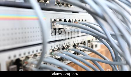 Panel mit vielen Kabeln im Internet und Anschluss Stockfoto