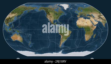 Tektonische Plattengrenzen auf einer Satellitenkarte der Welt in der Robinson-Projektion, die auf dem Meridian -90 westlicher Länge zentriert ist Stockfoto