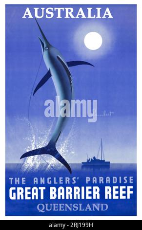 Vintage Queensland - the Great Barrier Reef poster with swordfish Stockfoto