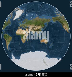 Satellitenkarte der Welt in der Projektion van der Grinten I, zentriert auf dem Meridian 90 östlicher Länge Stockfoto