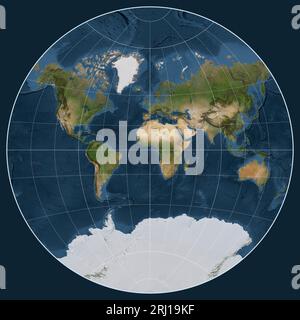 Satellitenkarte der Welt in der Projektion van der Grinten I, zentriert auf dem Längengrad 0 Stockfoto