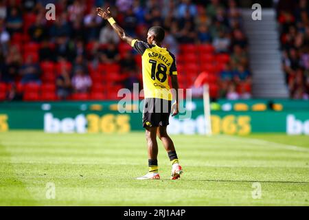 bet365 Stadium, Stoke, England - 19. August 2023 Yaser Asprilla (18) of Watford - während des Spiels Stoke City vs Watford, EFL Championship, 2023/24, bet365 Stadium, Stoke, England - 19. August 2023 Credit: Arthur Haigh/WhiteRosePhotos/Alamy Live News Stockfoto