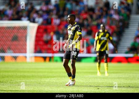 bet365 Stadium, Stoke, England - 19. August 2023 Yaser Asprilla (18) of Watford - während des Spiels Stoke City vs Watford, EFL Championship, 2023/24, bet365 Stadium, Stoke, England - 19. August 2023 Credit: Arthur Haigh/WhiteRosePhotos/Alamy Live News Stockfoto