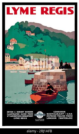 1926 Lyme Regis von Southern Railways Poster von Lambert mit dem Kolben, der Stadt und den Fischern Stockfoto