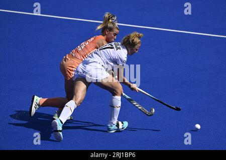 Monchengladbach, Deutschland. August 2023. Joosje Burg aus den Niederlanden und Michelle Struijk aus Belgien sind in Aktion während eines Eishockeyspiels zwischen der belgischen Hockeynationalmannschaft Red Panthers und den Niederlanden am Sonntag, den 20. August 2023 in Monchengladbach, Deutschland, Spiel 2/3 in der Poolphase der Frauen-Hockey-Europameisterschaften. Die EuroHockey-Meisterschaften 2023 finden vom 18. August bis zum 27. August 2023 statt. BELGA PHOTO DIRK WAEM Credit: Belga News Agency/Alamy Live News Stockfoto