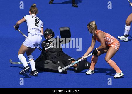 Monchengladbach, Deutschland. August 2023. Die Belgierin Emma Pactiouvrez, der belgische Torhüter Aisling D'hooghe und die niederländische Joosje Burg zeigten sich während eines Eishockeyspiels zwischen der belgischen Hockeynationalmannschaft Red Panthers und den Niederlanden am Sonntag, den 20. August 2023 in Monchengladbach, das Spiel 2/3 in der Poolphase der Frauen-Hockey-Europameisterschaften. Die EuroHockey-Meisterschaften 2023 finden vom 18. August bis zum 27. August 2023 statt. BELGA PHOTO DIRK WAEM Credit: Belga News Agency/Alamy Live News Stockfoto