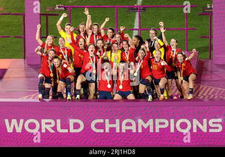 Sydney, Australien. August 2023. Das Team Spanien feiert während der Preisverleihung der FIFA Frauen-Weltmeisterschaft 2023 in Sydney, Australien, am 20. August 2023. Dank: Ding Ting/Xinhua/Alamy Live News Stockfoto