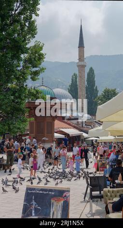 Tauben und Touristen am Sebilj, einem Brunnen im ottomanischen Stil im Stadtteil Baščaršija in Sarajevo, Bosnien und Herzegowina, 19. August 2023. Stockfoto