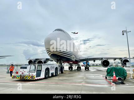 (230820) -- SHENZHEN, 20. August 2023 (Xinhua) -- Ein Mitarbeiter bereitet ein Flugzeug für die Frachtroute Shenzhen-Port Moresby von SF Airlines am Shenzhen Baoan International Airport in Shenzhen, Provinz Guangdong im Süden Chinas, 20. August 2023 vor. „SF Airlines startet Frachtroute China-Papua-Neuguinea“ (SF Airlines/Handout über Xinhua) Stockfoto