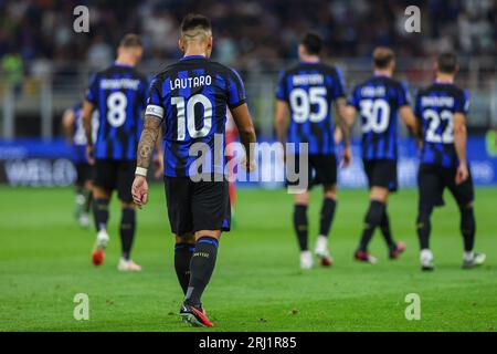 Mailand, Italien. August 2023. Lautaro Martinez vom FC Internazionale, der während des Fußballspiels der Serie A 2023-24 zwischen dem FC Internazionale und dem AC Monza im Giuseppe Meazza Stadium gesehen wurde. Endstand; Zwischenstand 2:0 Monza. (Foto: Fabrizio Carabelli/SOPA Images/SIPA USA) Credit: SIPA USA/Alamy Live News Stockfoto