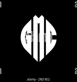 GMC-Logo mit kreisförmigem Buchstaben, Kreis- und Ellipsenform. GMC-Ellipsenbuchstaben im typografischen Stil. Die drei Initialen bilden ein kreisförmiges Logo. GMC CI Stock Vektor