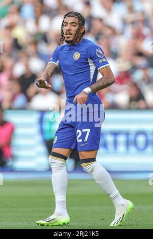 Malo Gusto #27 von Chelsea während des Premier-League-Spiels West Ham United gegen Chelsea im London Stadium, London, Großbritannien, 20. August 2023 (Foto: Mark Cosgrove/News Images) Stockfoto